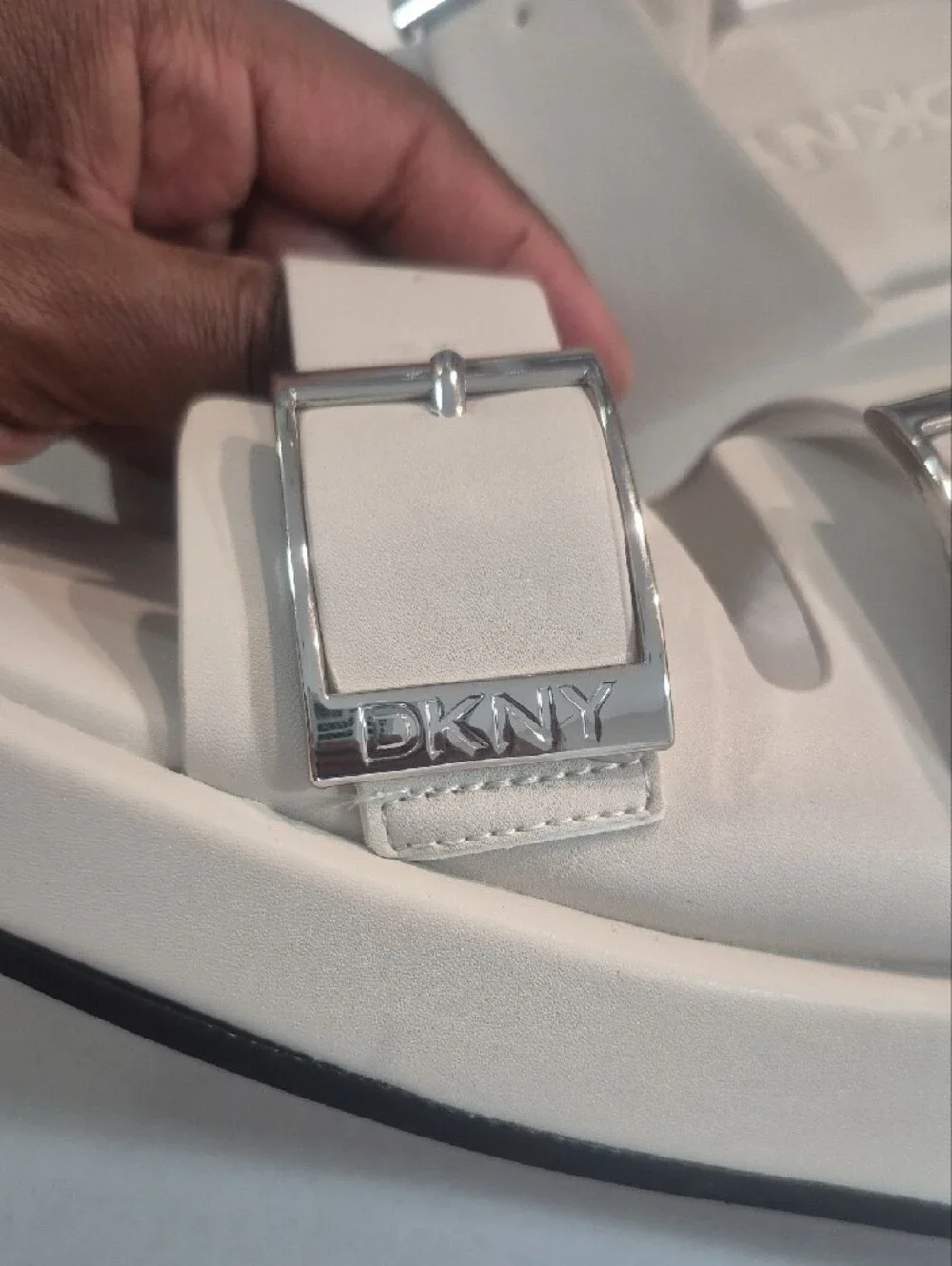 DKNY White Double-Buckle Slide Sandals with Silver Buckles